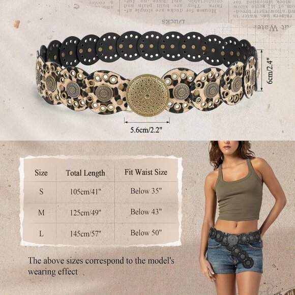 Women Vintage Disc Waist Concho Leather Belt Boho Waist Belt Leopard Bronze